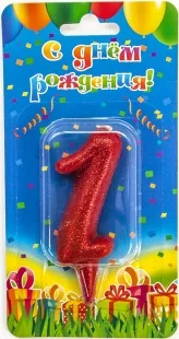 Свеча  цифра "1" Овал, красная, с блестками, 8 см./ 1шт.