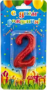 Свеча  цифра "2" Овал, красная, с блестками, 8 см./ 1шт.