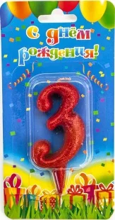 Свеча  цифра "3" Овал, красная, с блестками, 8 см./ 1шт.