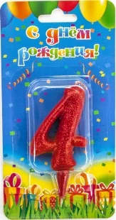 Свеча  цифра "4" Овал, красная, с блестками, 8 см./ 1шт.
