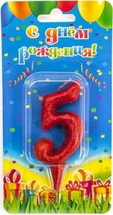 Свеча  цифра "5" Овал, красная, с блестками, 8 см./ 1шт.
