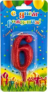 Свеча  цифра "6" Овал, красная, с блестками, 8 см./ 1шт.
