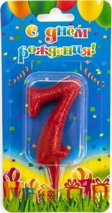 Свеча  цифра "7" Овал, красная, с блестками, 8 см./ 1шт.