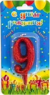 Свеча  цифра "9" Овал, красная, с блестками, 8 см./ 1шт.