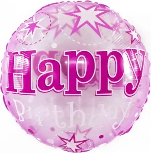 F 18"/46см Круг, С Днем Рождения (розовые звезды), Прозрачный,  /1 шт./(Китай)