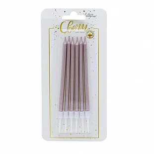 Свечи тортовые классические "Металл" Роза Голд с держателями 6 шт.