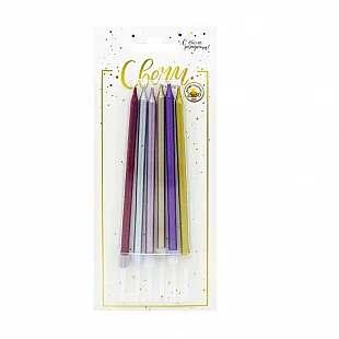 Свечи тортовые классические XL Макаронс (Ассорти) металлизированные с держателями 6 шт.