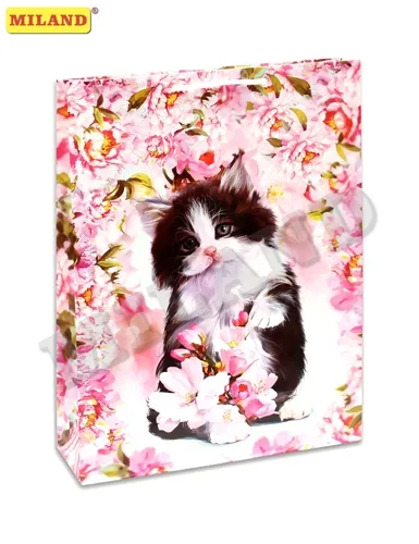 Пакет подарочный Котенок в цветах (L) 26.4*36*11.5