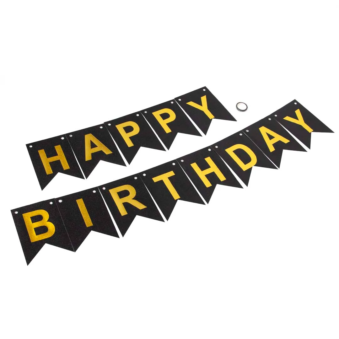 Гирлянда Флажки, Happy Birthday, Черный/Золото, Металлик, с блестками, 350 см, 17*12 см, 1 шт.