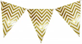 Гирлянда Флажки, Белые зигзаги, Золото, Металлик, 250 см, 1 шт.
