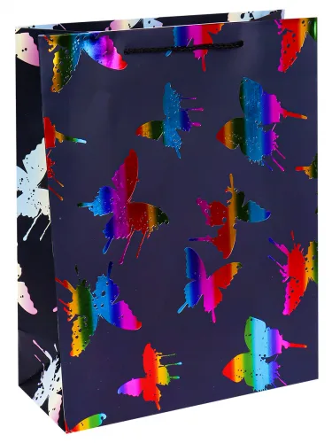 Dream cards Пакет подарочный с мат.лам. и глиттером 26х32х12 см (L) Голубые бабочки. 210 г