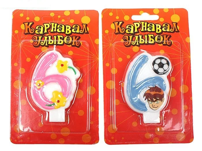 Свечи для торта на планшете цифра "6" цветы,мячик