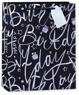 Пакет подарочный, С Днем Рождения! (надписи), Черный, Голография, 32*26*12 см, 1 шт.