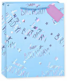 Пакет подарочный, С Днем Рождения! (звездочки), Голубой, Голография, 32*26*12 см, 1 шт.