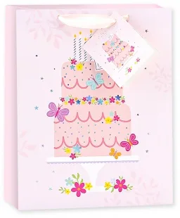 Пакет подарочный, Торт на День Рождения, Розовый, Голография, 23*18*10 см, 1 шт.