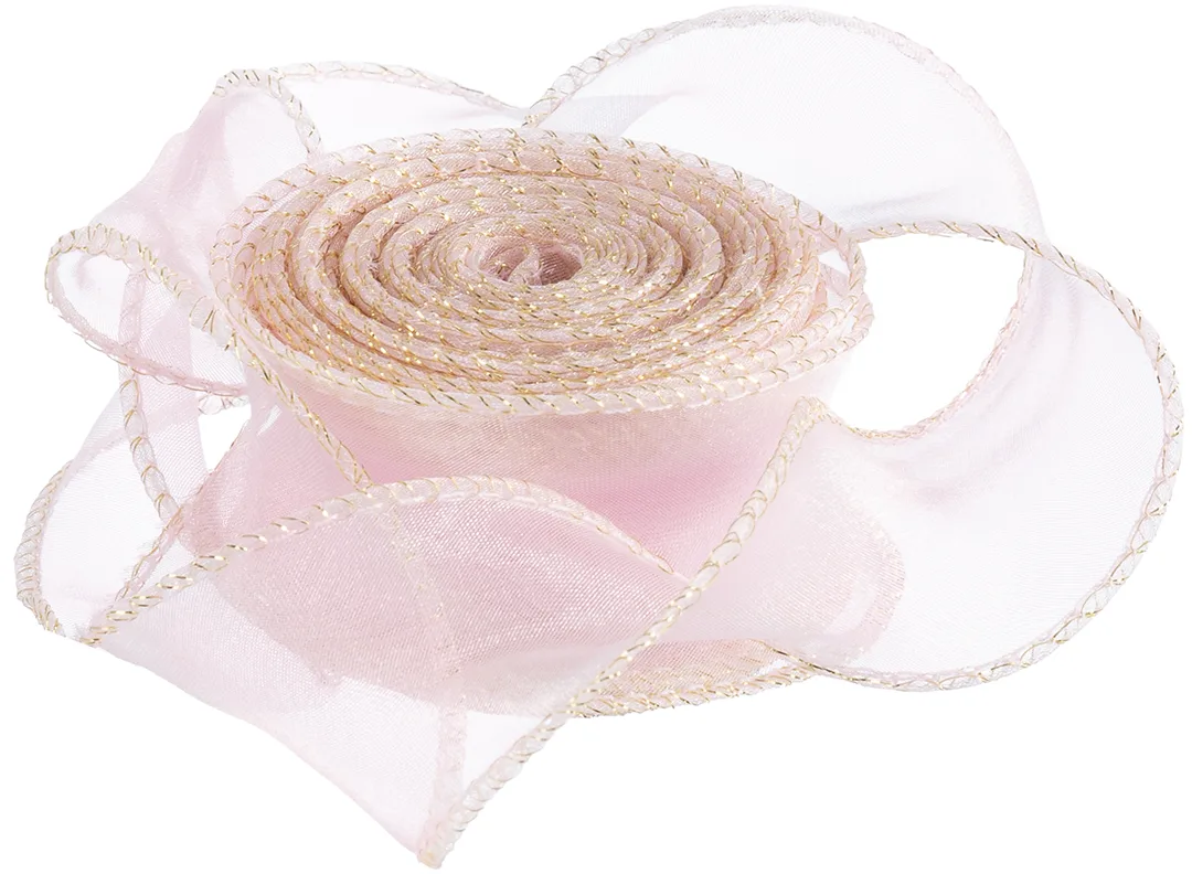 Лента декоративная (4 см*9,14 м) Органза с леской, Золотая кайма, Розовая сирень, 1 шт.