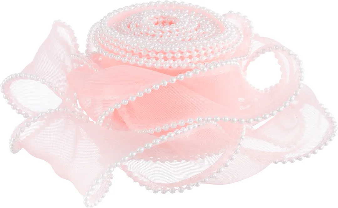 Лента декоративная (4 см*4,57 м) Органза с леской и бусинами, Розовый, 1 шт.