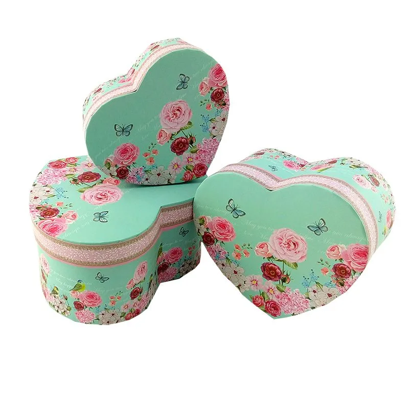 Набор коробок 3 в 1 "Винтажные цветы" мятный /сердце 11,5*9,5*5/13*11*6/15*13*7см
