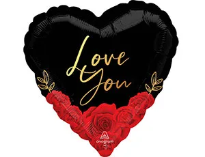 А 18"/46 см Сердце, Розы красные на черном, 1 шт. / 1 шт./(США)