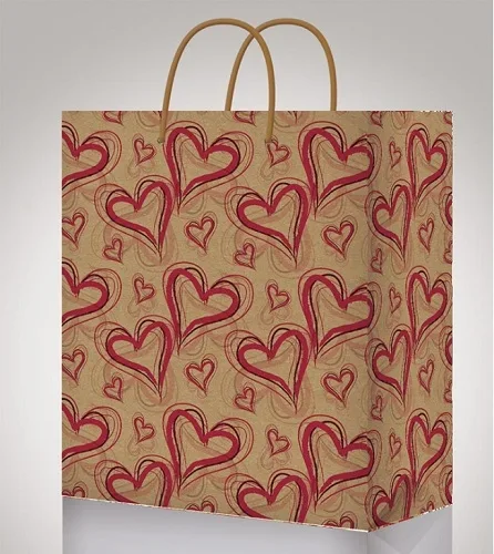 Пакет подарочный крафт-бумага Красные сердца 26.4x32.7x13.6