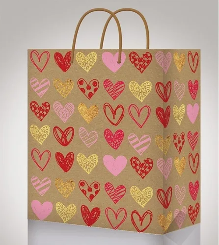 Пакет подарочный крафт-бумага Цветные сердечки (М) 18 х 23 х 10