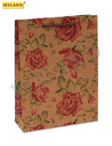 Пакет подарочный из крафт бумаги. 18.5x24.5x7.5 cм. Красные розы