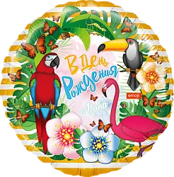 F 18"/46см Круг "В День Рождения, Emoji (тропические птицы), в упаковке / 1 шт./ (Китай)