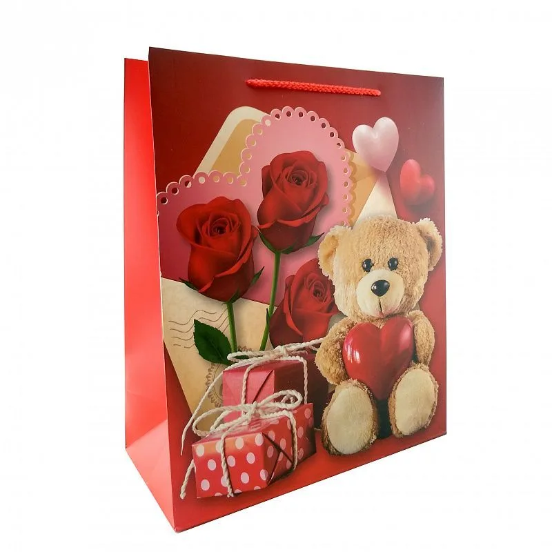 Пакет подарочный "Мишка и розы" 26*32*12 см
