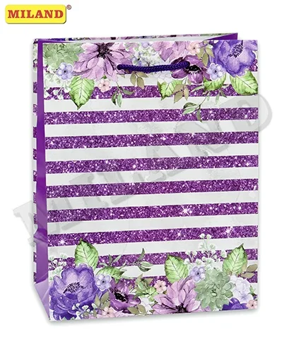 Пакет подарочный с глянцевой ламинацией 18х23х10 см (M) Полоска и цветы