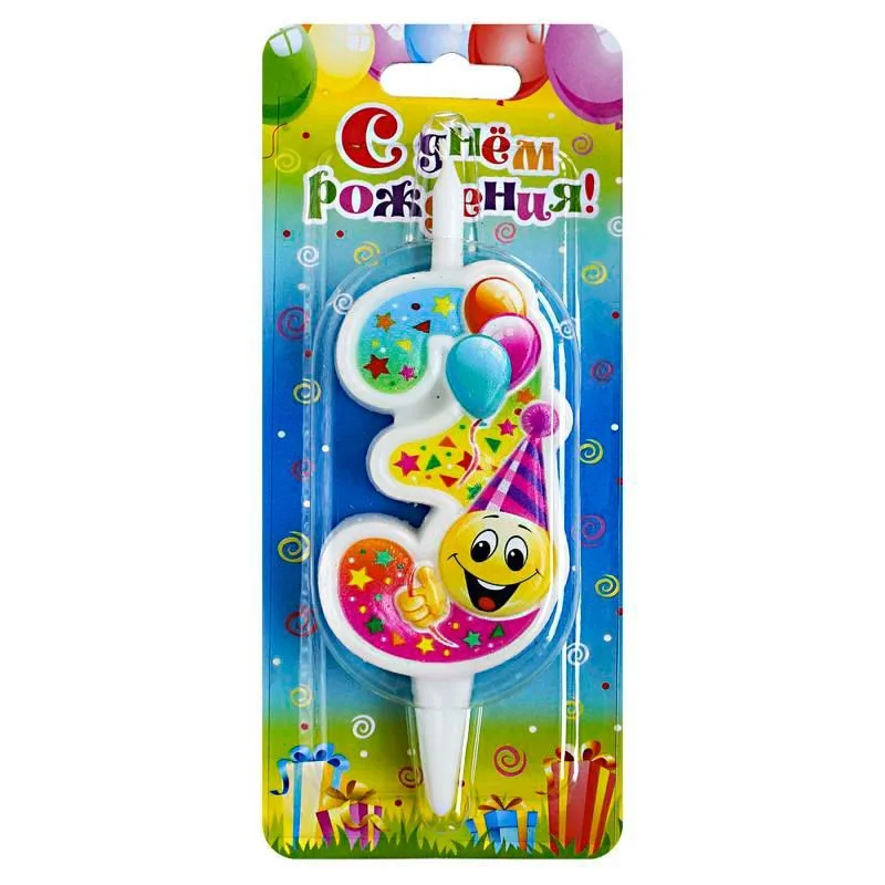 Свеча тортовая цифра "Смайлик с шарами" 3 /1 шт/