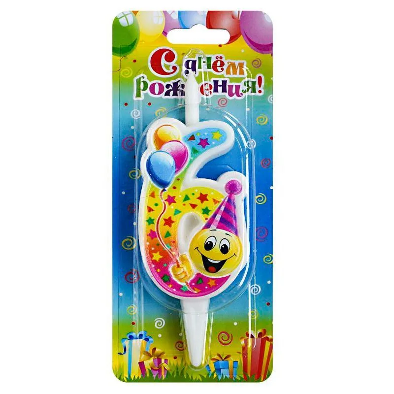 Свеча тортовая цифра "Смайлик с шарами" 6 /1 шт/