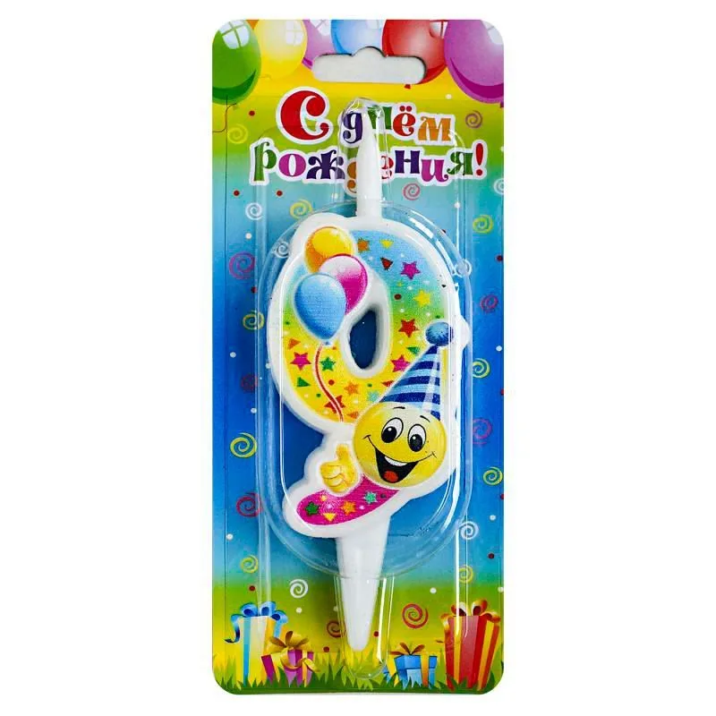 Свеча тортовая цифра "Смайлик с шарами" 9 /1 шт/