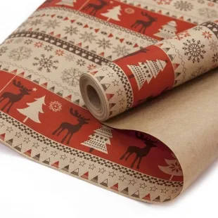 Упаковочная бумага, Крафт 70гр (0,6*10 м) Скандинавские олени, Красный, 1 шт.