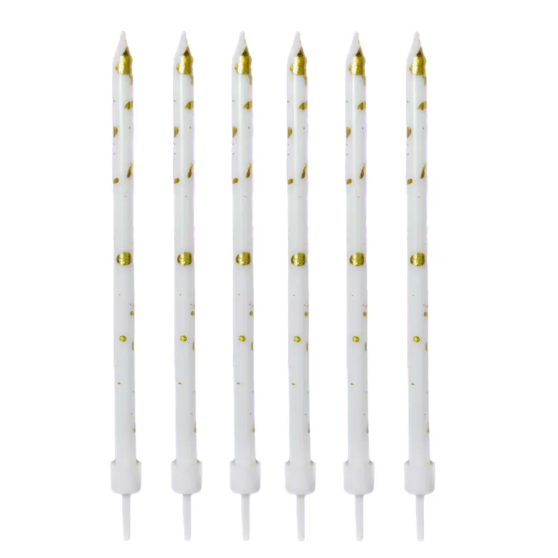 Свечи тортово-коктейльные Белые с золотом с держателями 12 см 6 шт.