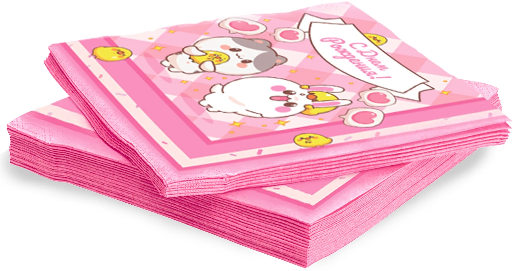 Салфетки, Кавайные зверушки, Розовый, 33*33 см, 20 шт.