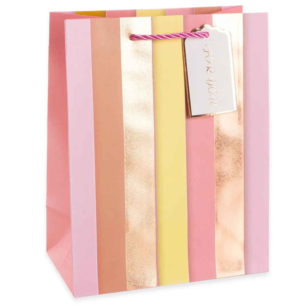 Пакет подарочный, Вертикальные полосы, Дизайн №2, Розовый, Металлик, 23*18*10 см, 1 шт.