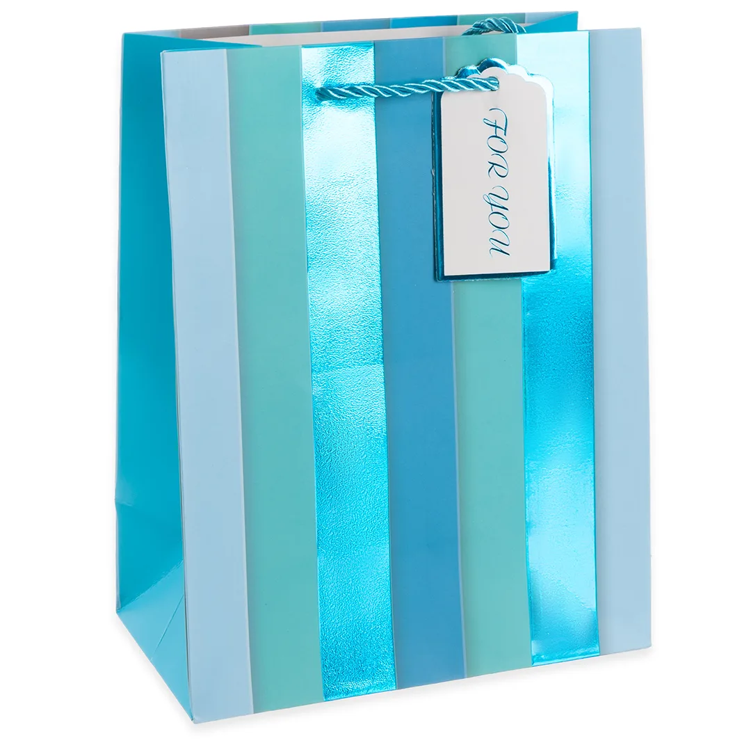 Пакет подарочный, Вертикальные полосы, Дизайн №3, Голубой, Металлик, 32*26*10 см, 1 шт.
