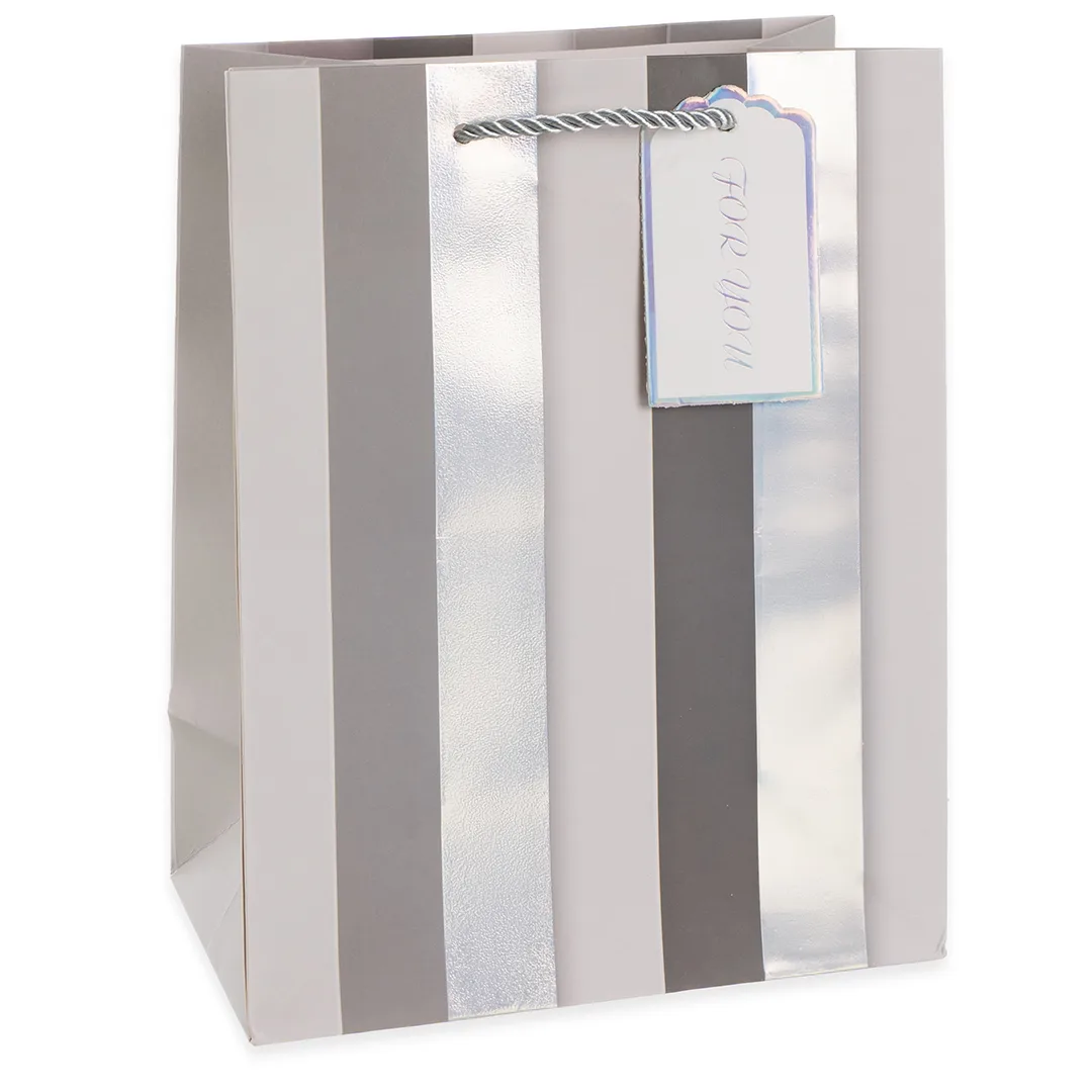 Пакет подарочный, Вертикальные полосы, Дизайн №4, Белый/Серебро, Металлик, 32*26*10 см, 1 шт.