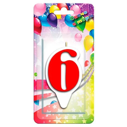Свеча тортовая цифра "6" Волна" Красная/1 шт./(Россия)