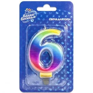 Свеча Цифра "6" Радужный, 8 см., 1 шт.