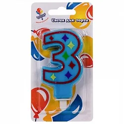 Свеча Цифра "3" яркая 8см с держателем