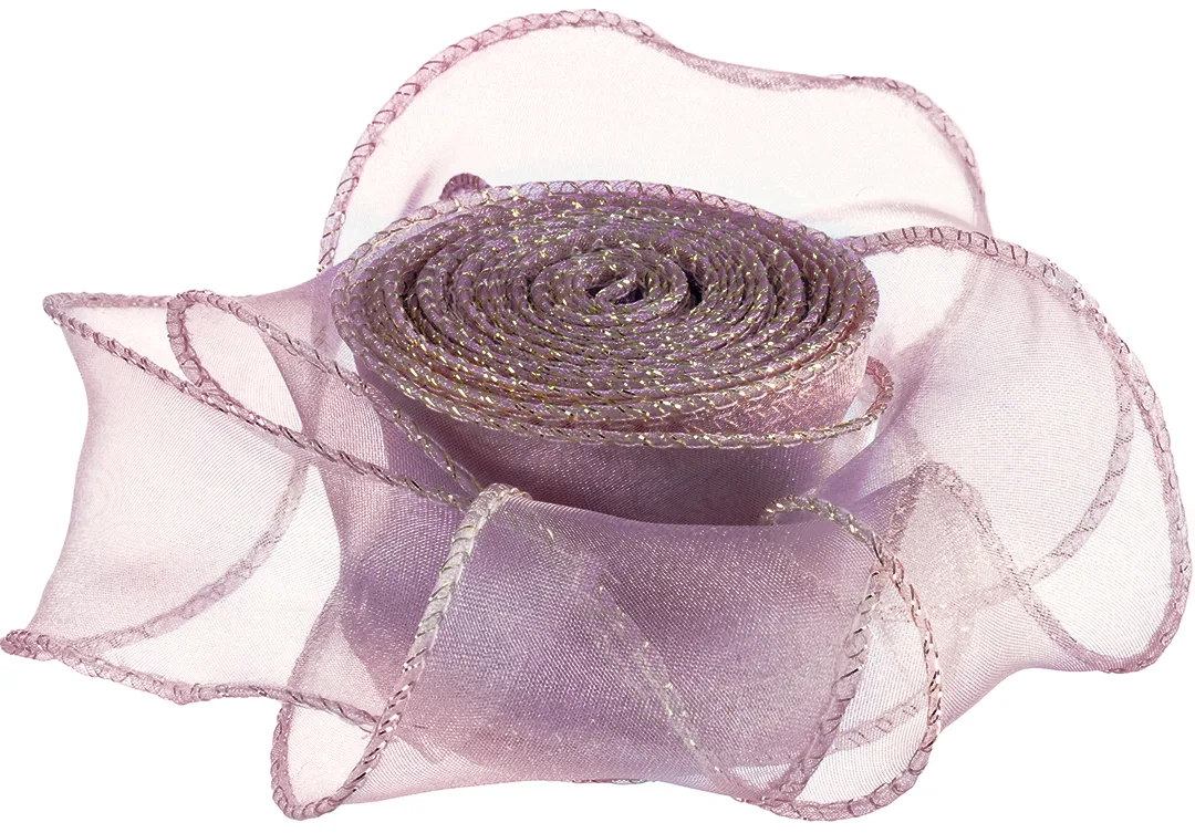 Лента декоративная (4 см*9,14 м) Органза с леской, Пыльная роза, 1 шт.