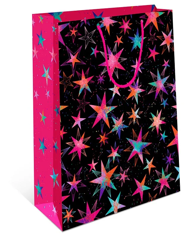 Пакет подарочный, Яркие звезды, Черный/Розовый, 33*43*10 см, 1 шт.