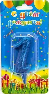 Свеча  цифра "1" Овал, синяя, с блестками, 8 см./ 1шт.