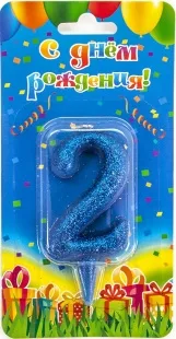 Свеча  цифра "2" Овал, синяя, с блестками, 8 см./ 1шт.