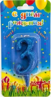 Свеча  цифра "3" Овал, синяя, с блестками, 8 см./ 1шт.