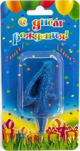 Свеча  цифра "4" Овал, синяя, с блестками, 8 см./ 1шт.