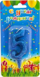 Свеча  цифра "5" Овал, синяя, с блестками, 8 см./ 1шт.