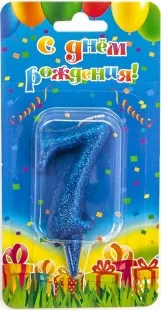 Свеча  цифра "7" Овал, синяя, с блестками, 8 см./ 1шт.