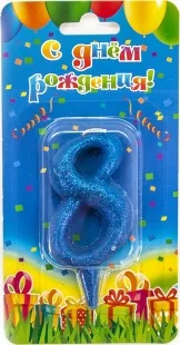 Свеча  цифра "8" Овал, синяя, с блестками, 8 см./ 1шт.